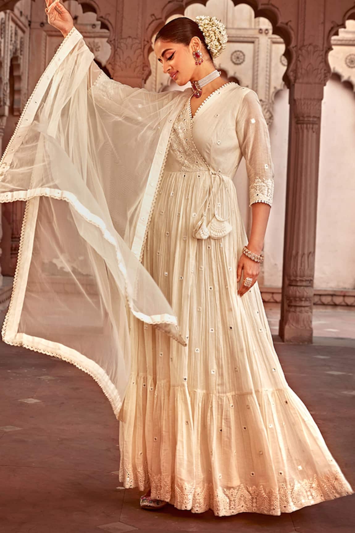 PREEVIN Temple Mirror Work Angrakha Anarkali With Dupatta 