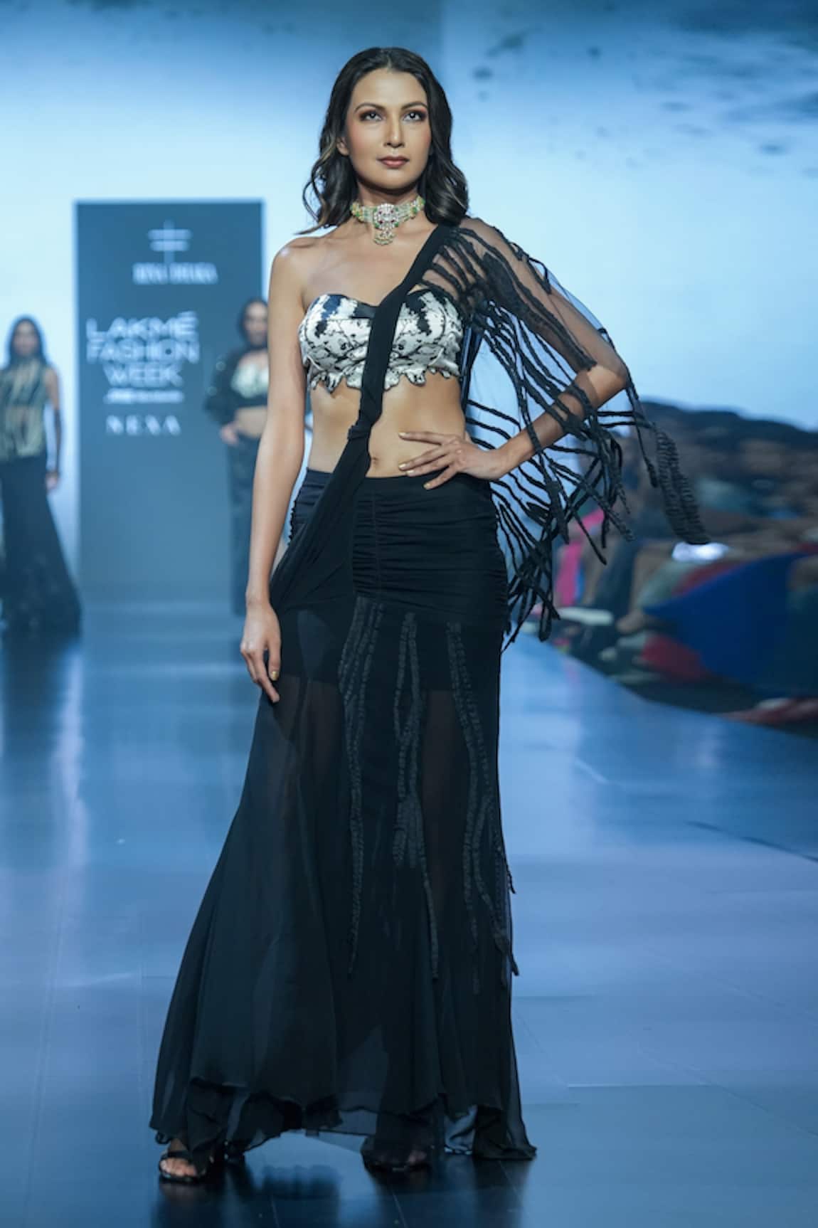 Rina Dhaka Pre-Draped Skirt Saree With Goth Pattern Blouse