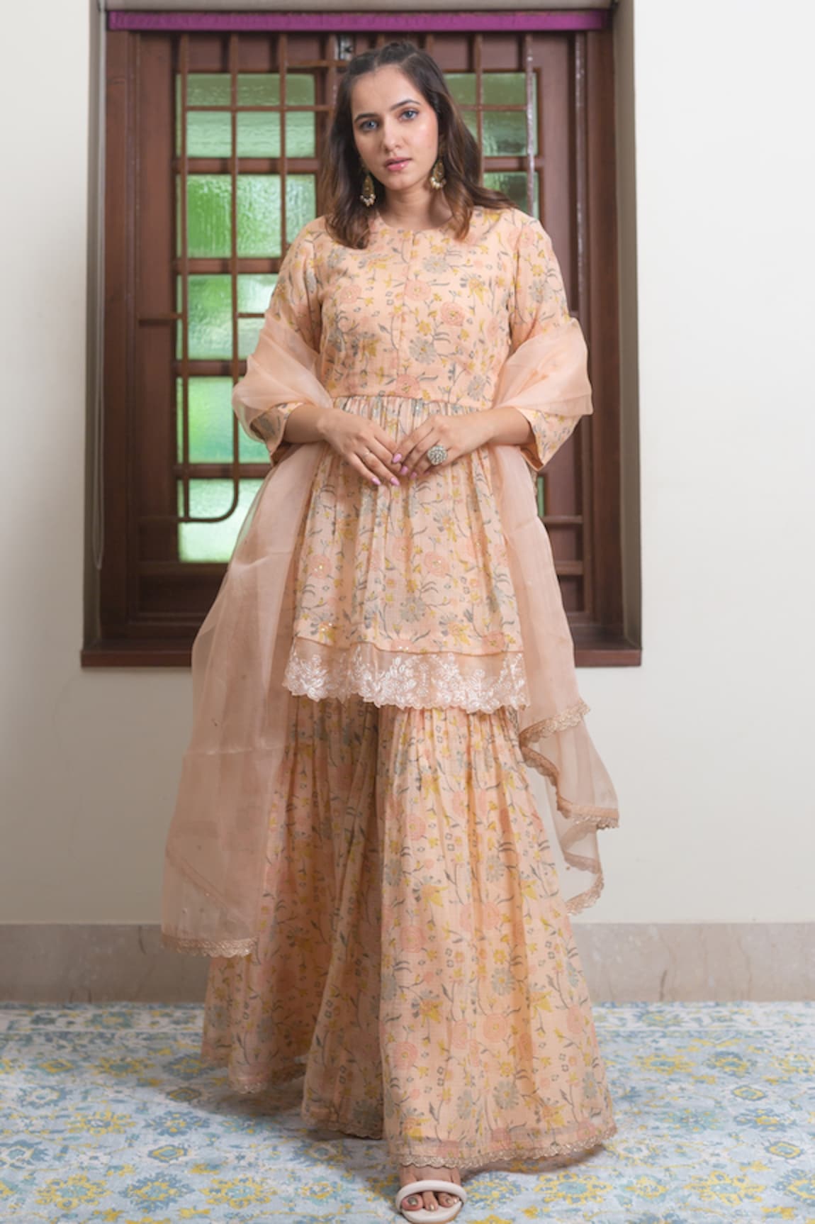 Maliha by Anar and Anoli Floral Print Peplum Kurta Sharara Set