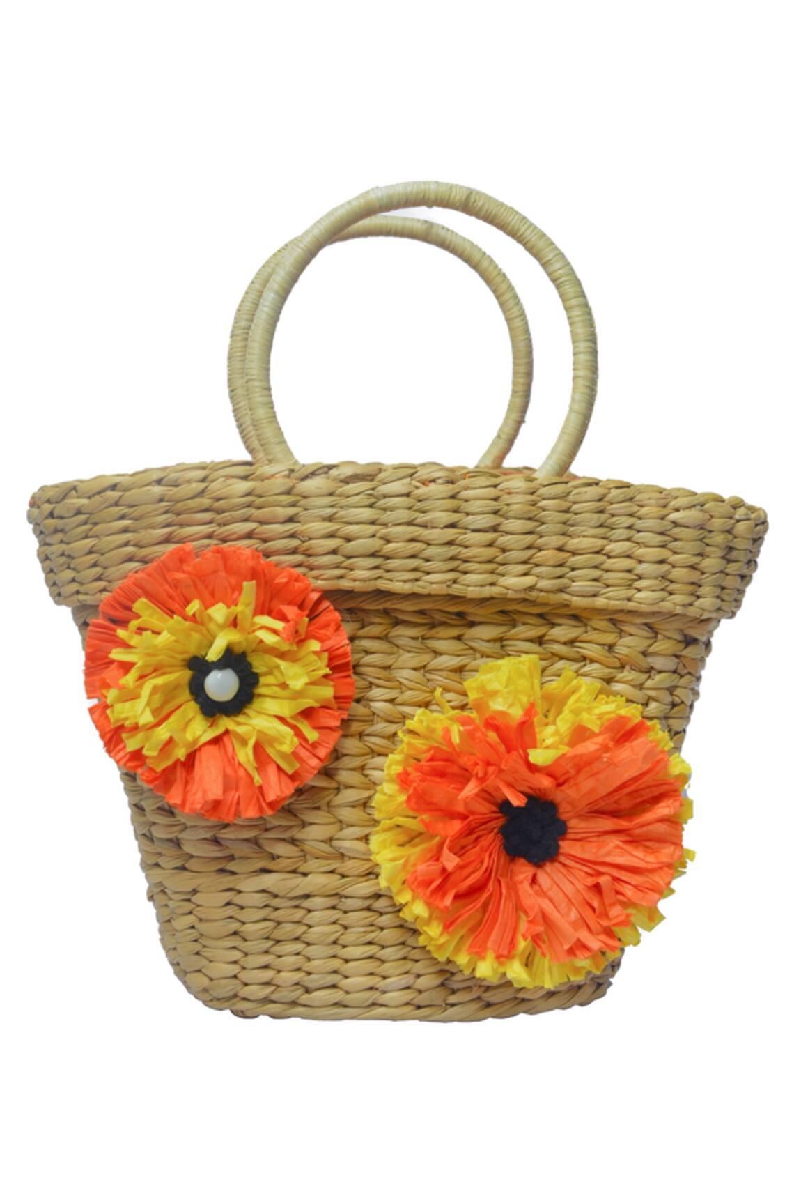 Ginn And Tonik Flower Embellished Basket Woven Beach Bag 