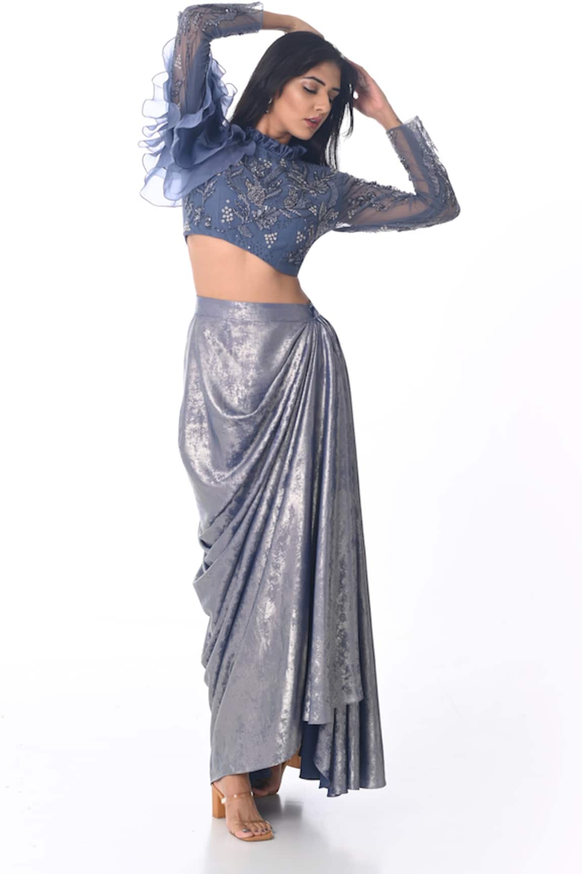 PIRI INDIA Hand Embroidered Crop Top & Cowl Skirt Set 