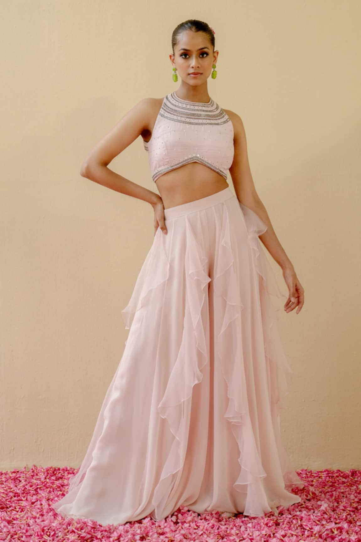 Mint blush Halter Neck Crop Top With Ruffled Kalidar Pant