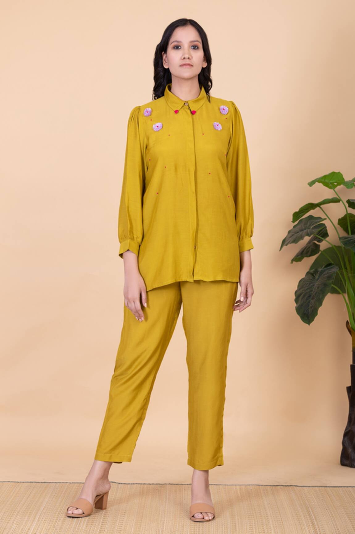 Chambray & CO. Yellow Embroidered Shirt & Pant Set