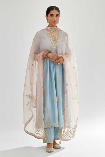 Kora Silk Chanderi Embroidered Anarkali Pant Set 