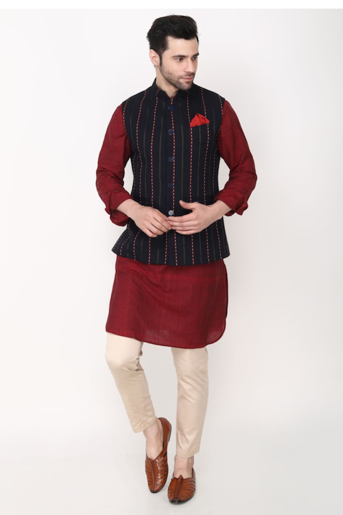 Manish Nagdeo Handloom Cotton Bundi Jacket Kurta Set