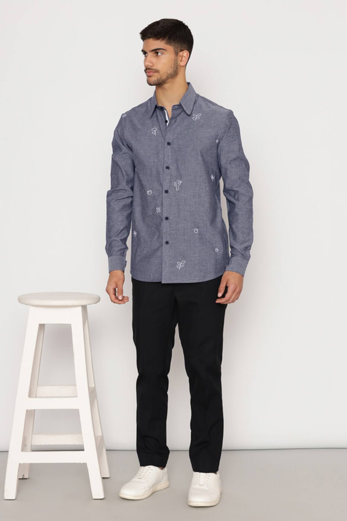 Lacquer Embassy Abstract Motif Blue Cotton Chambray Shirt