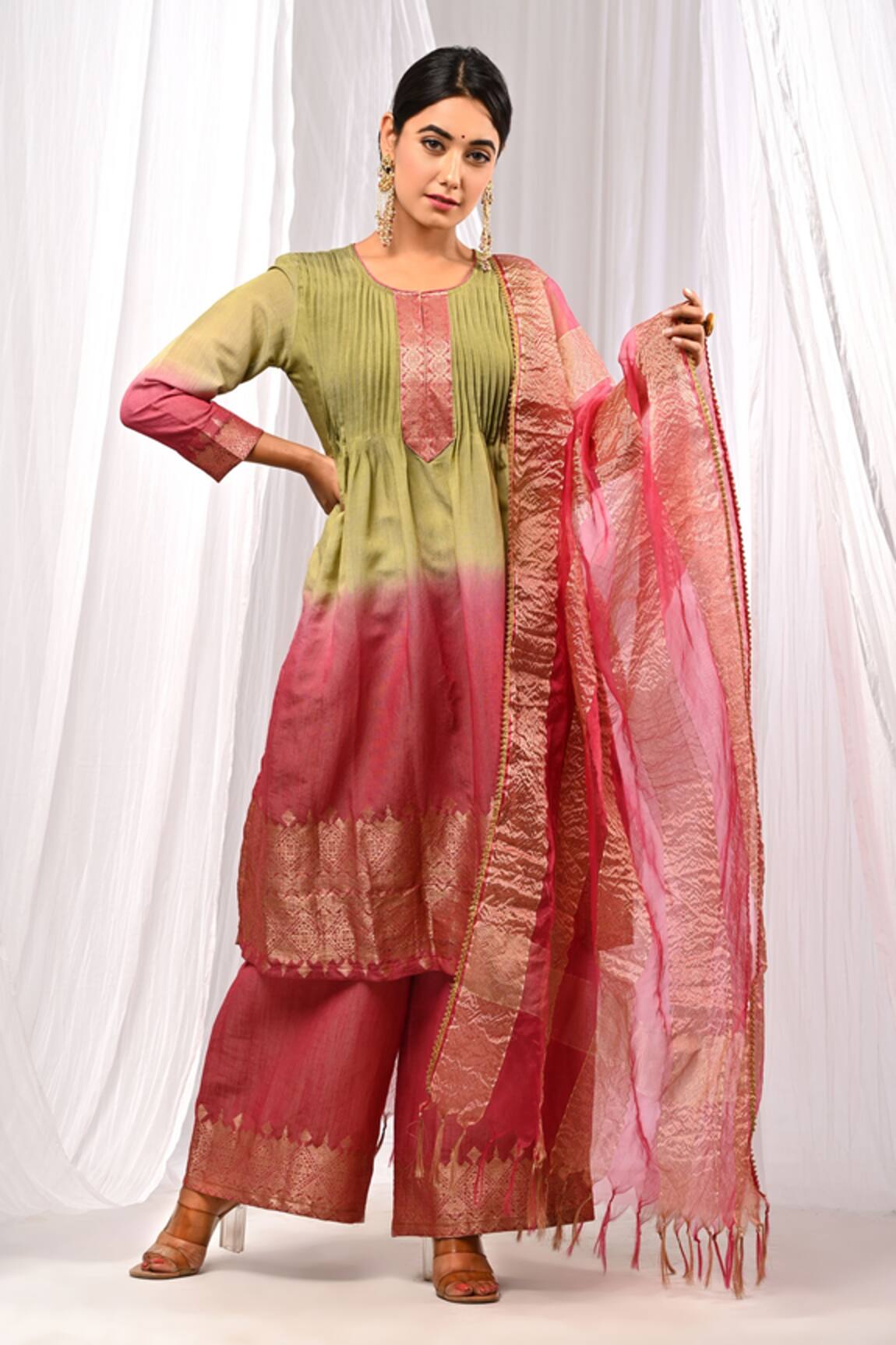 The Home Affair Pure Chanderi Pintucked Ombre Kurta Palazzo Set