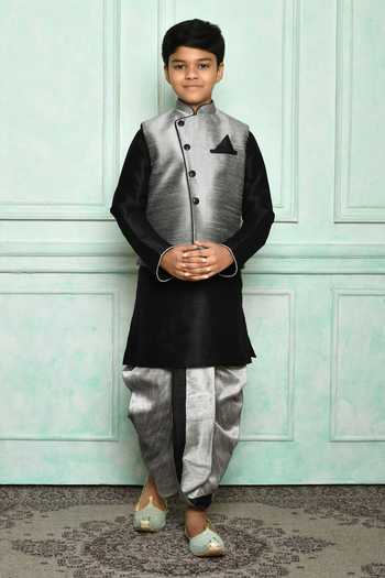 Petite Pomme Grey Bundi & Black Kurta Dhoti Set 