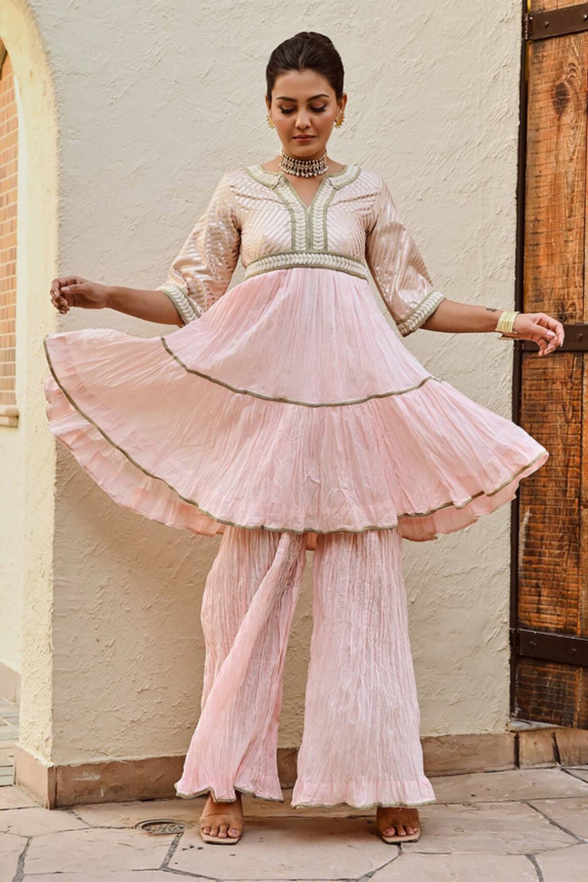 Palak & Mehak Ananya Stripe Woven Kurta & Flared Pant Set