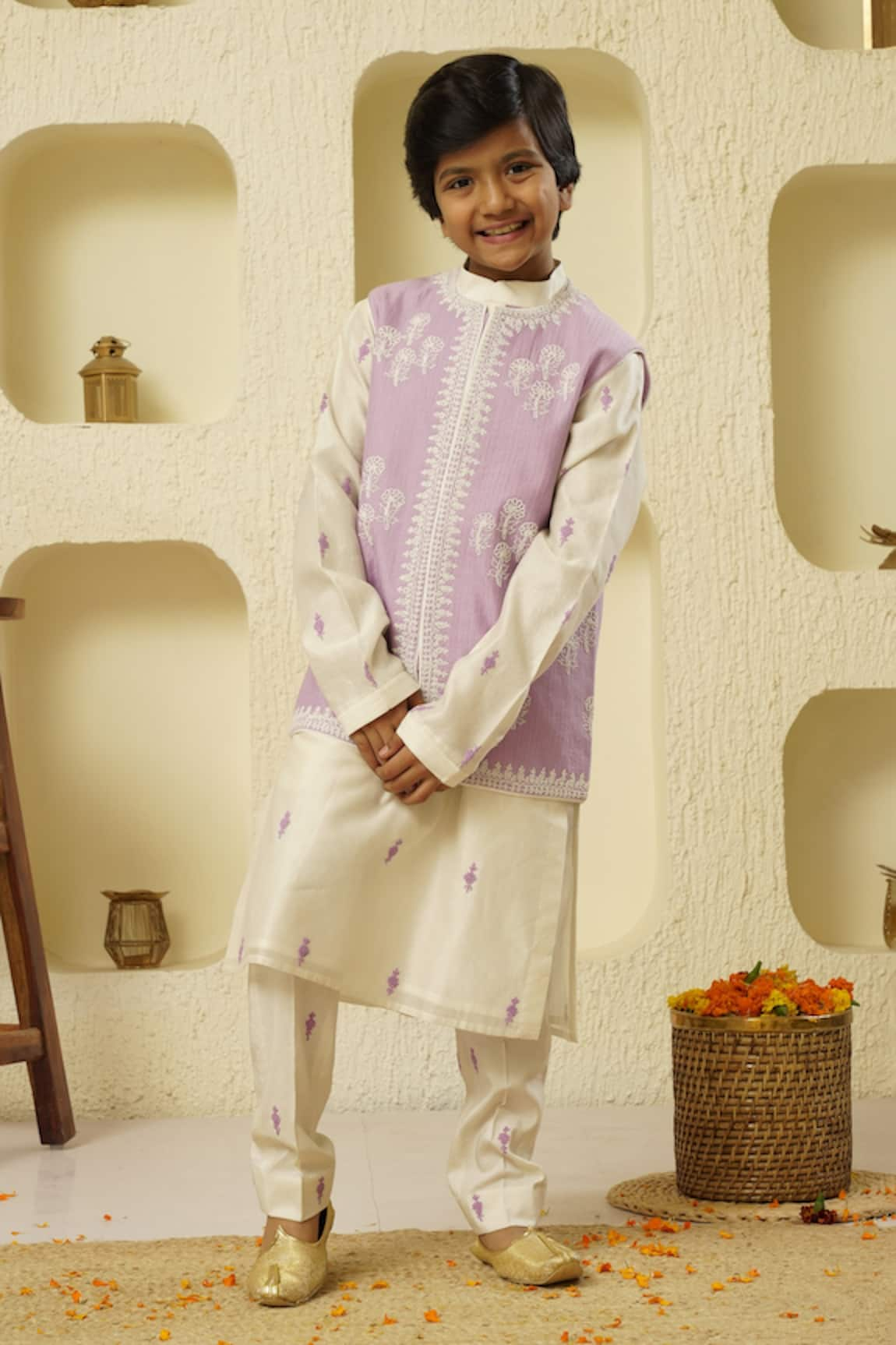 Rar studio - Kids Chanderi Dori Embroidered Jacket Kurta Set