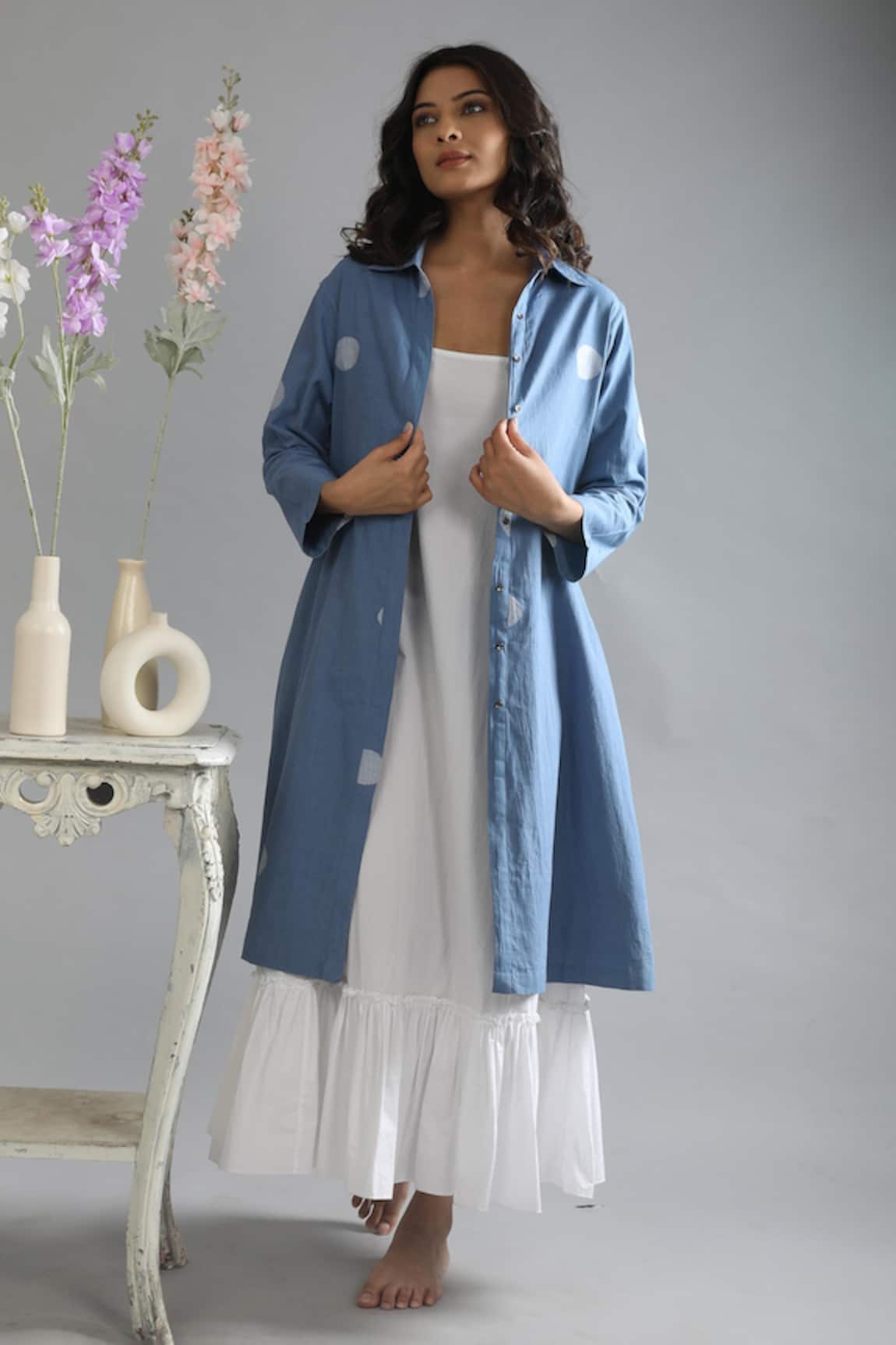 Khat Polka Pattern Jacket With Frill Dress