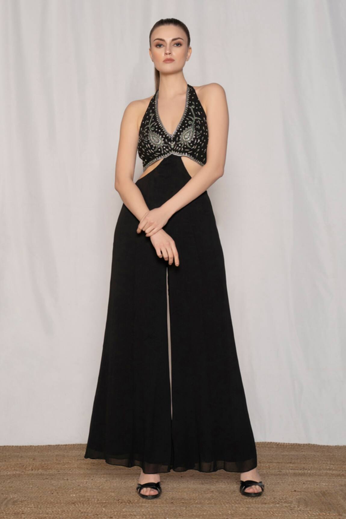 Amrta By Guneet Kondal Floral Embroidered Black Jumpsuit