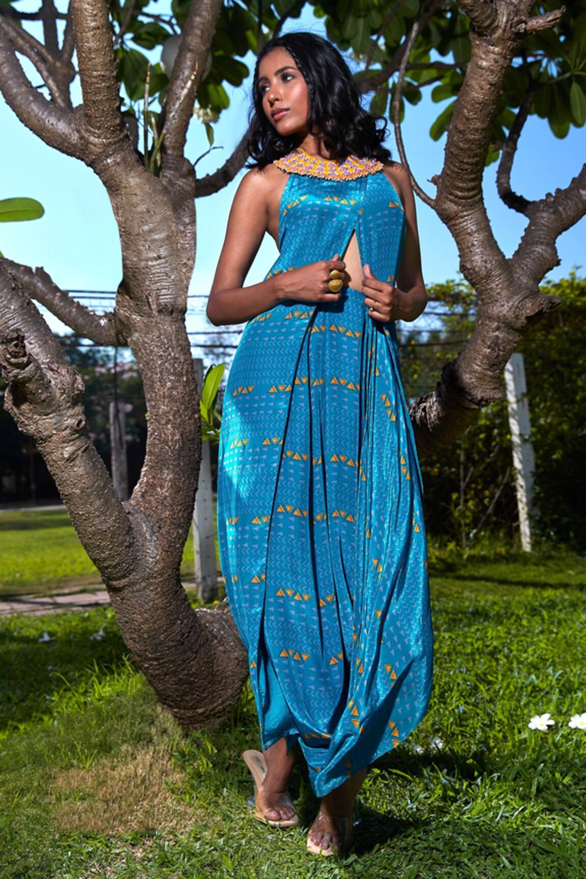 Babita Malkani Printed Long Top & Draped Dhoti Skirt Set