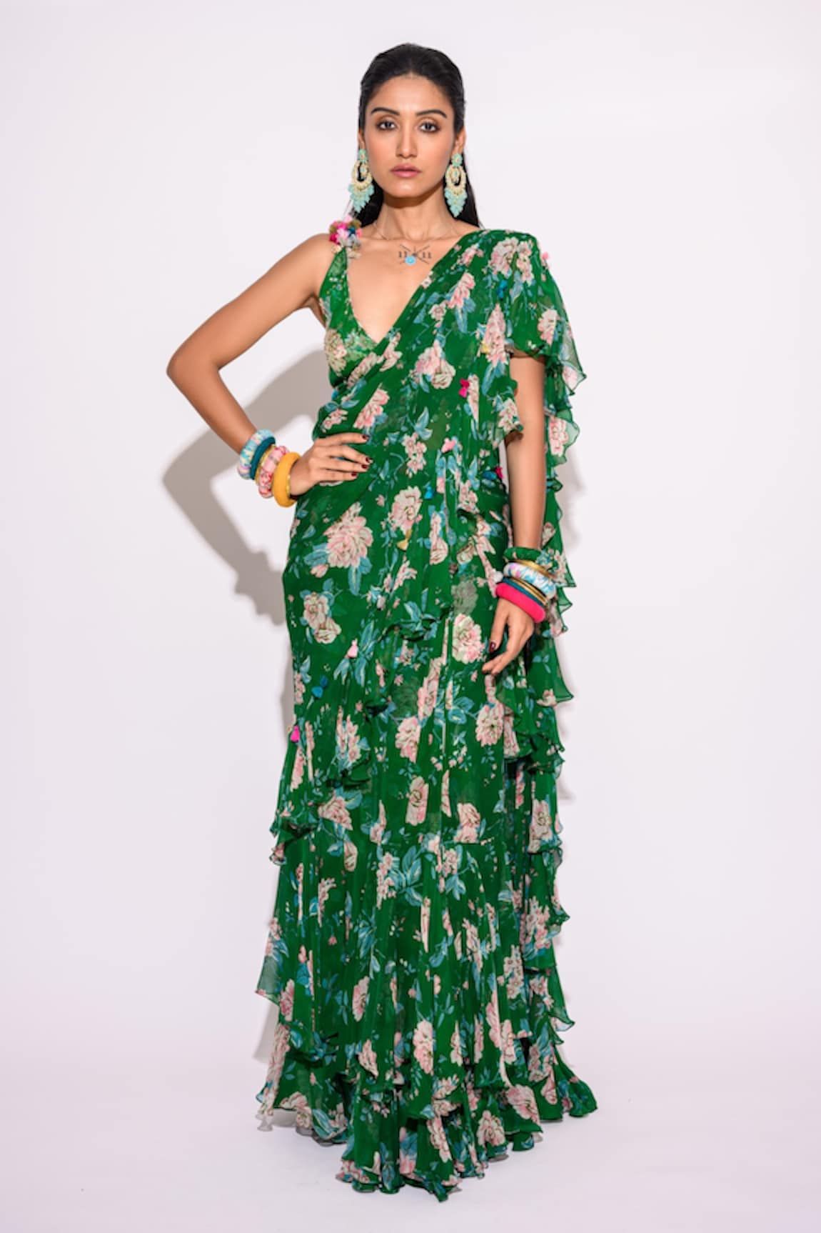 Aangan by Parul Floral Print Pre-Draped Saree With Blouse