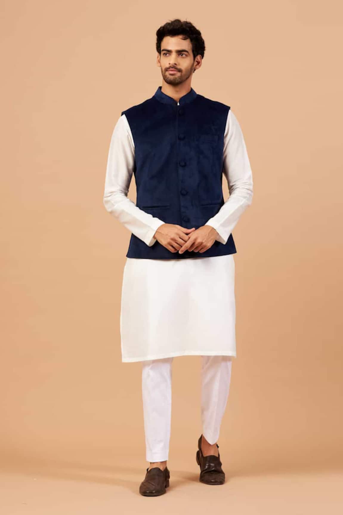 Hilo Design Blue Velvet Bundi Kurta Set 