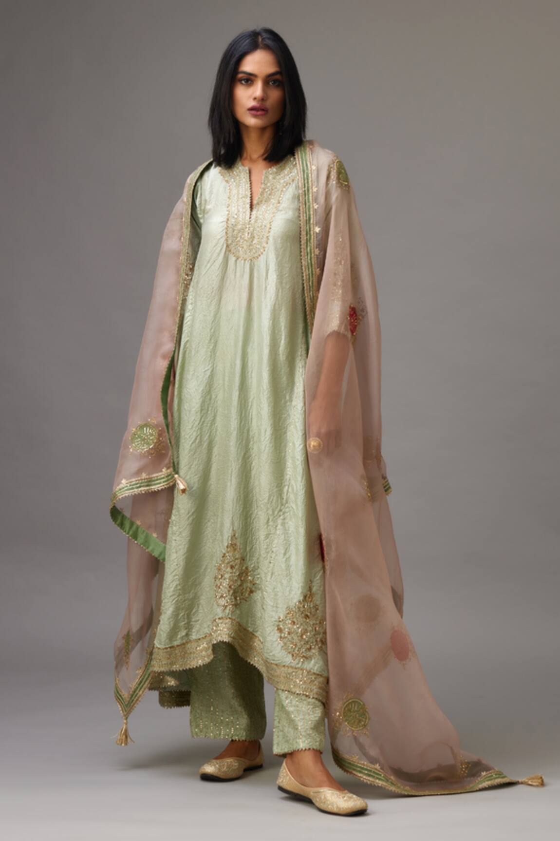 KORA Silk Asymmetric Embroidered Kurta Set 