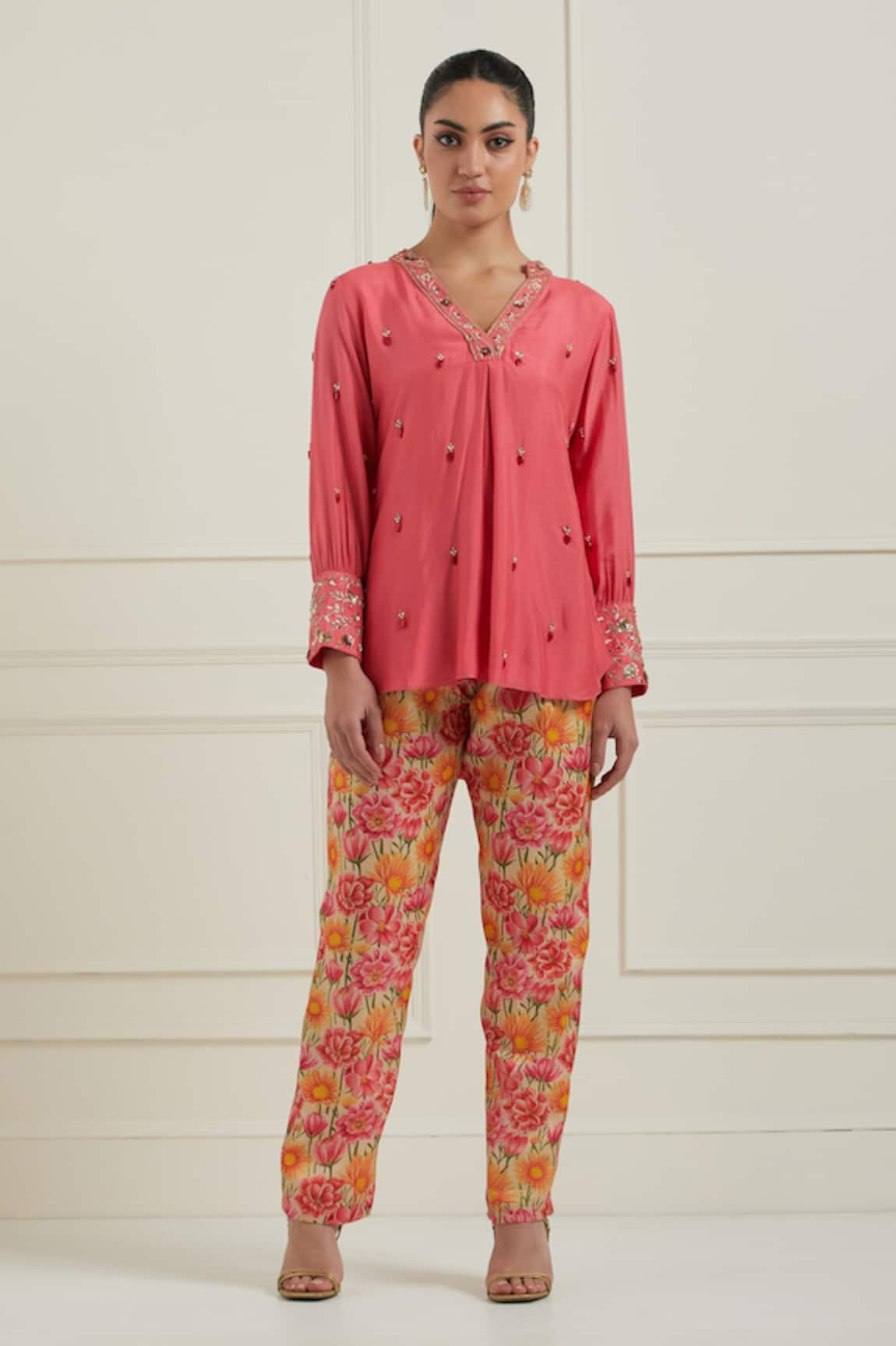 Label Nitisha Embroidered Tunic & Printed Trouser Set