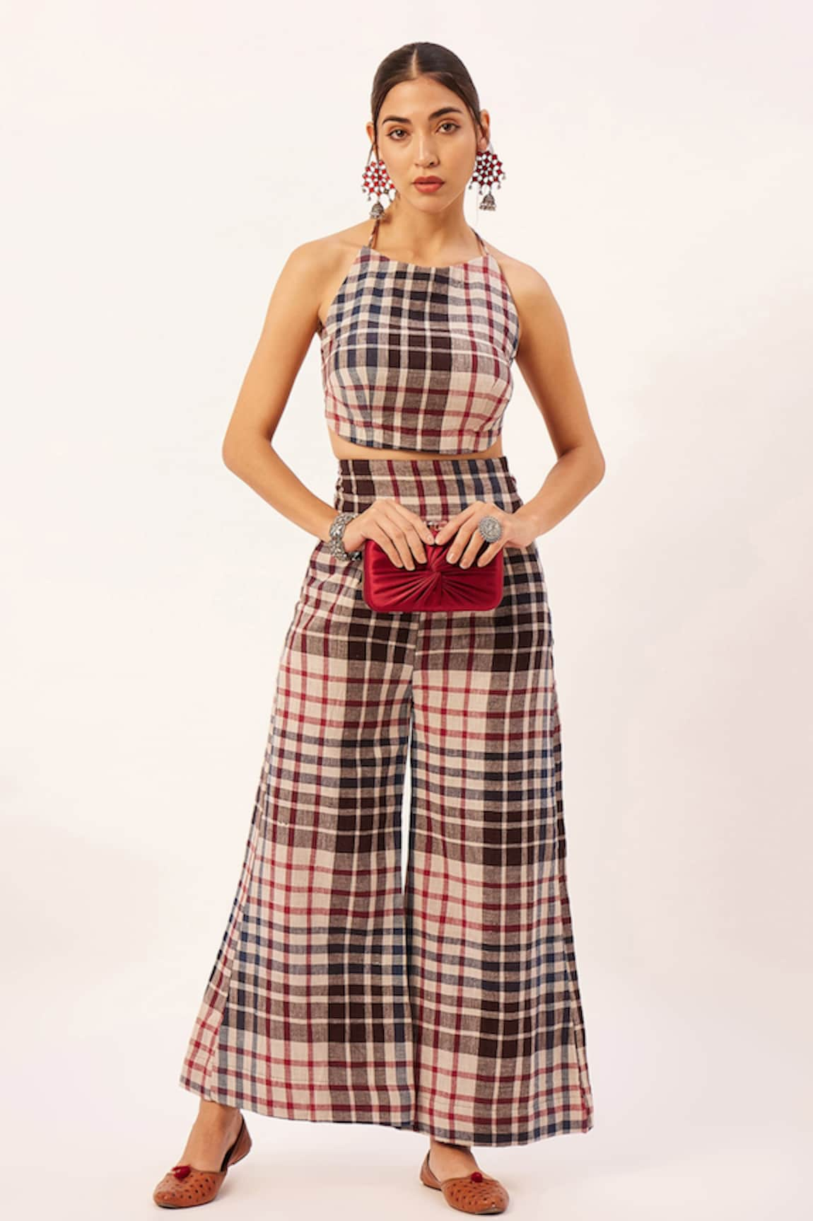 Zariya the Label Checkered Backless Blouse With Pant