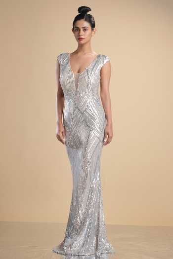 Kommal Sood Graphic Pattern Sequin Work Cap Sleeve Gown 