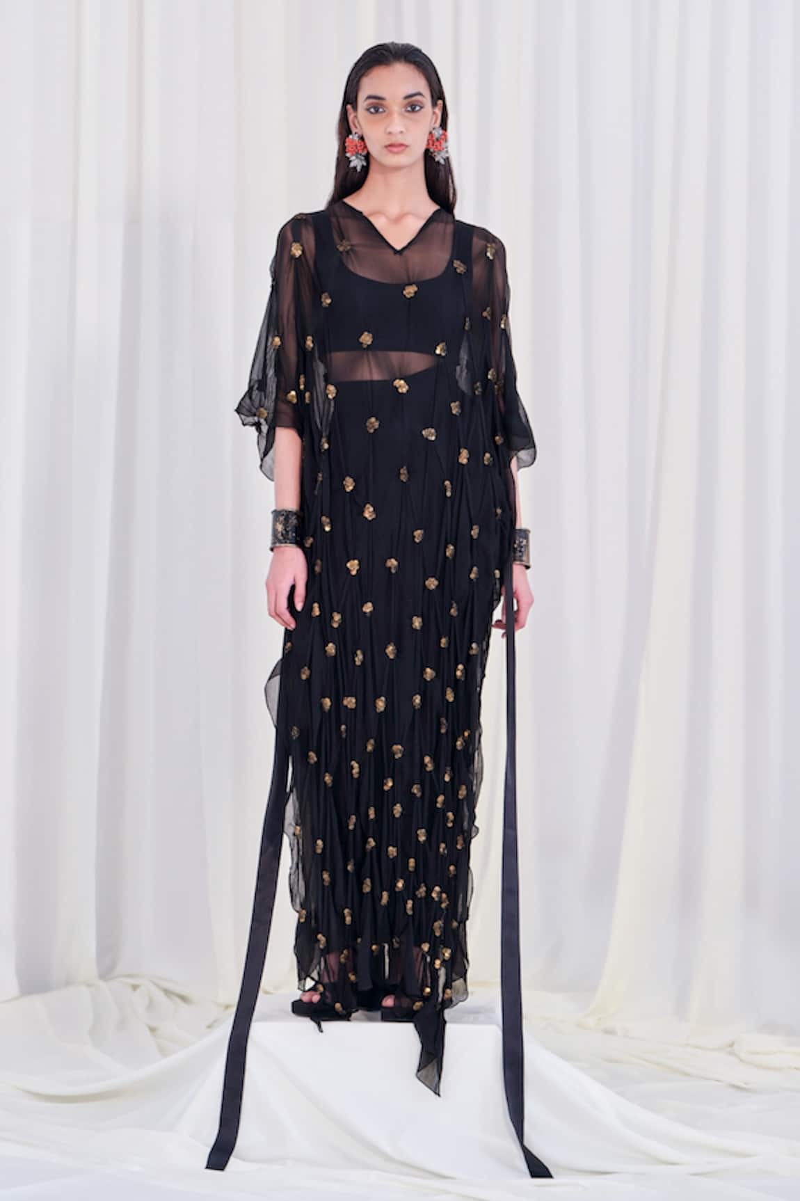 AK-OK Black Silk Embroidered Dress & Crop Top Set