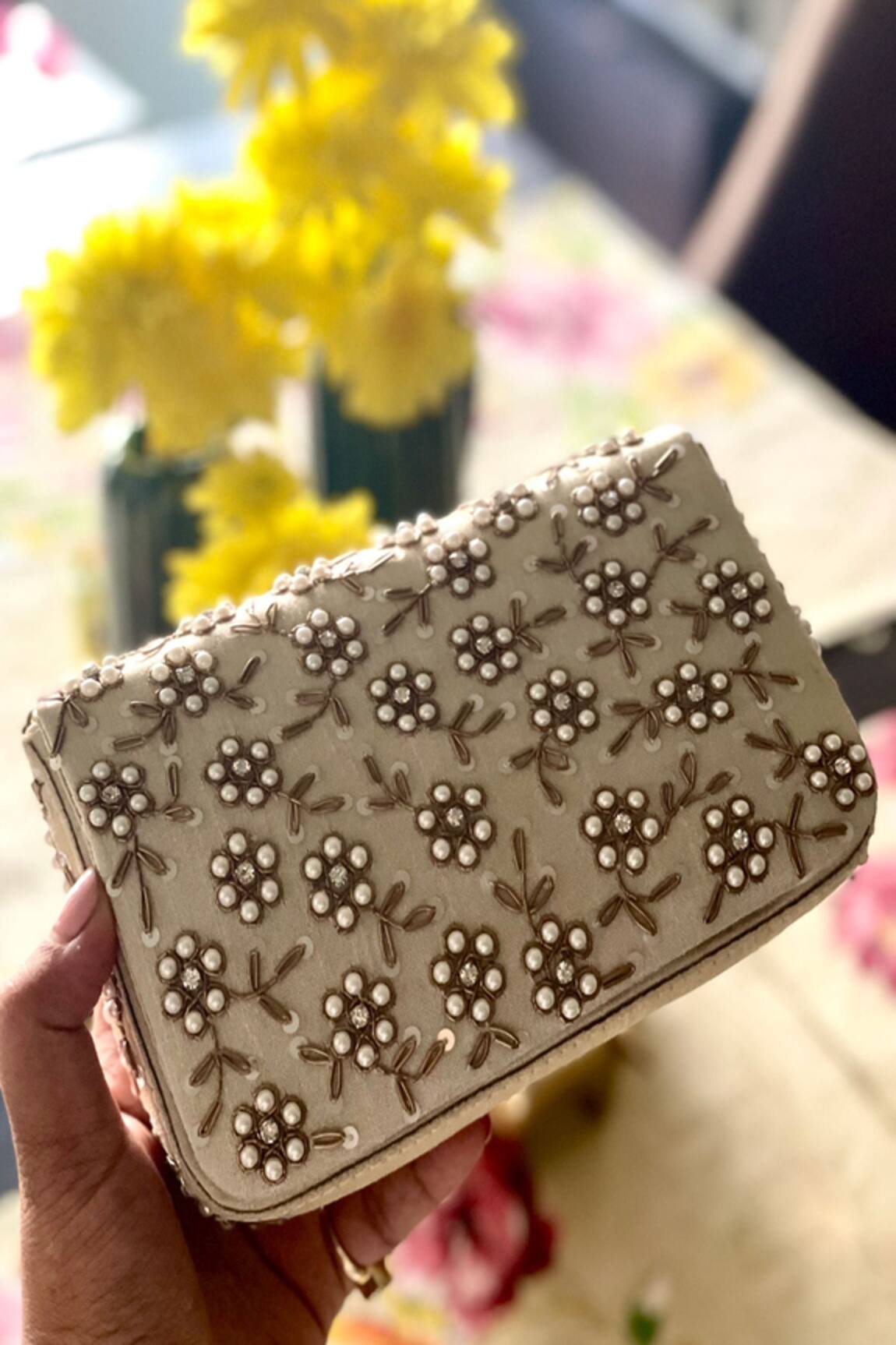 Essemm Plush Pearl Embroidered Clutch