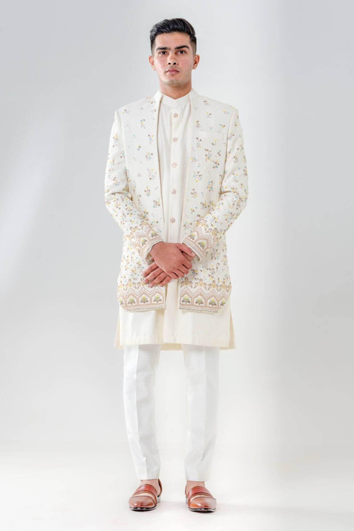 Amrit Dawani Flower Bouquet Embroidered Jacket Kurta Set 