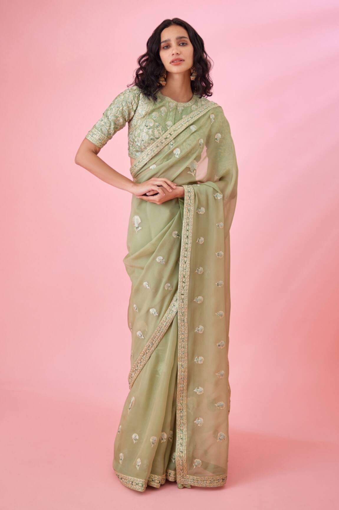 Shyam Narayan Prasad Floral Gota Embroidered Saree & Blouse Set 