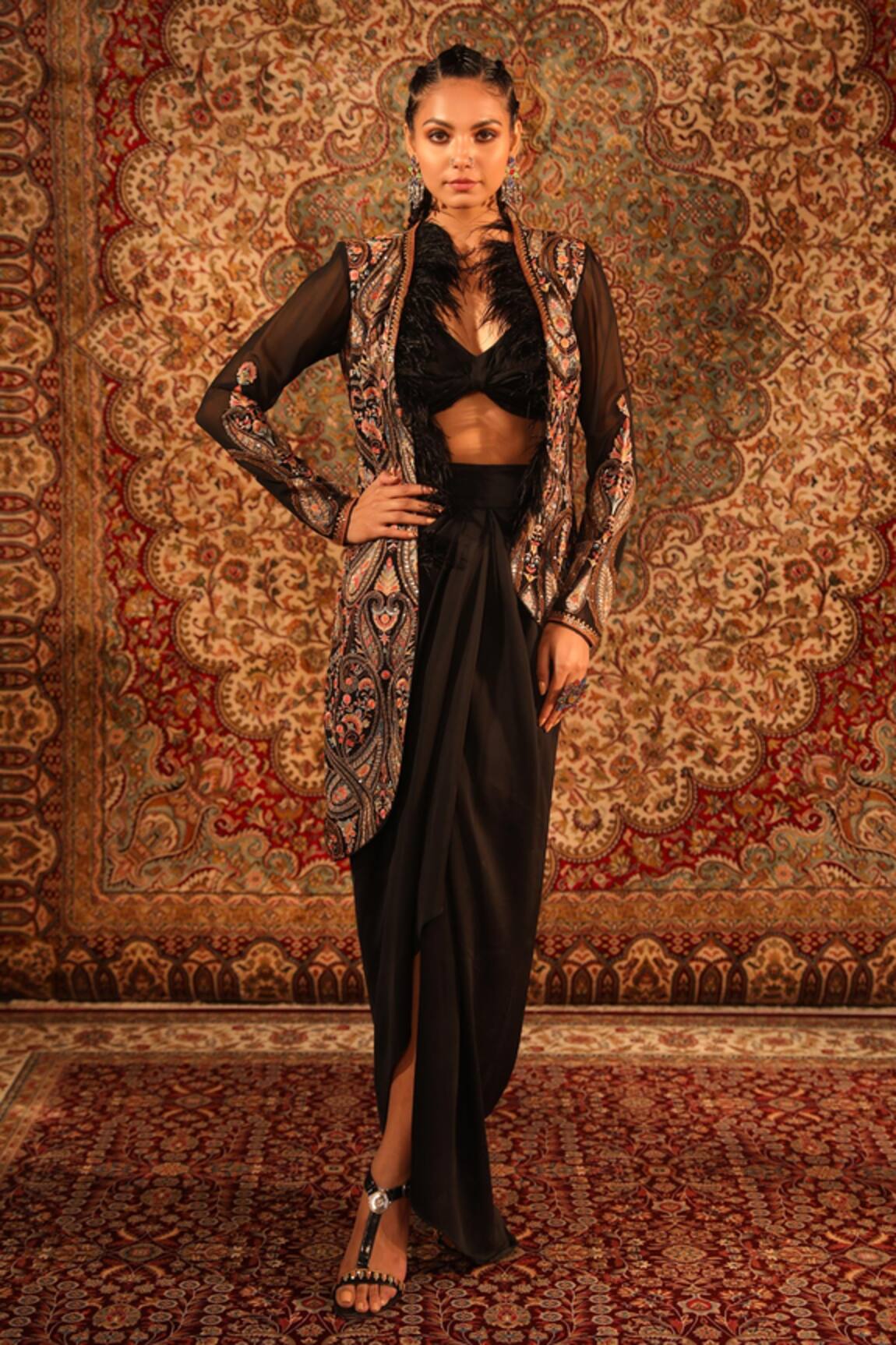 Aditi Gupta Embroidered Asymmetric Jacket Draped Skirt Set 