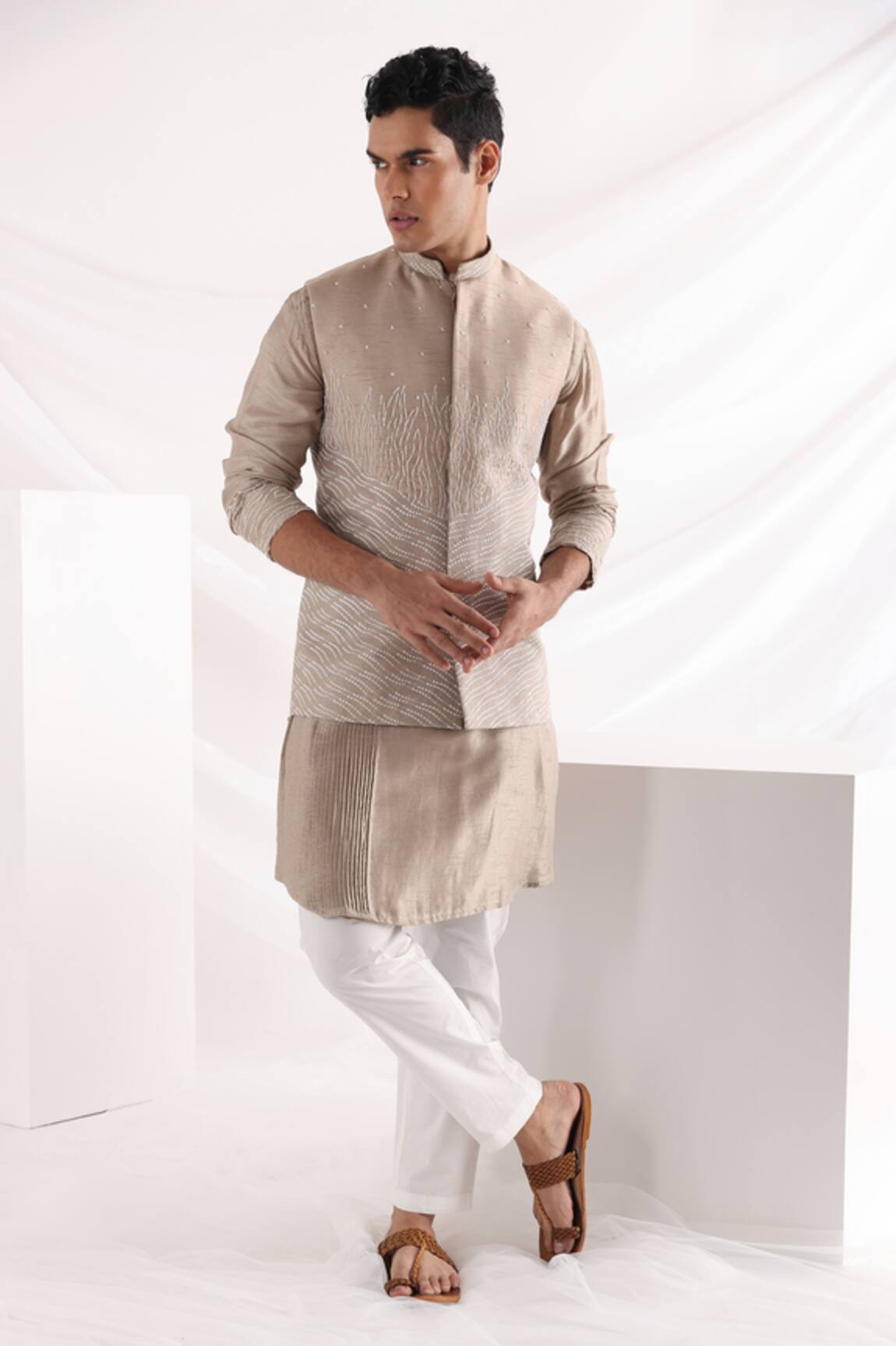 Smriti By Anju Agarwal Embellished Beige Bam Silk Bundi 