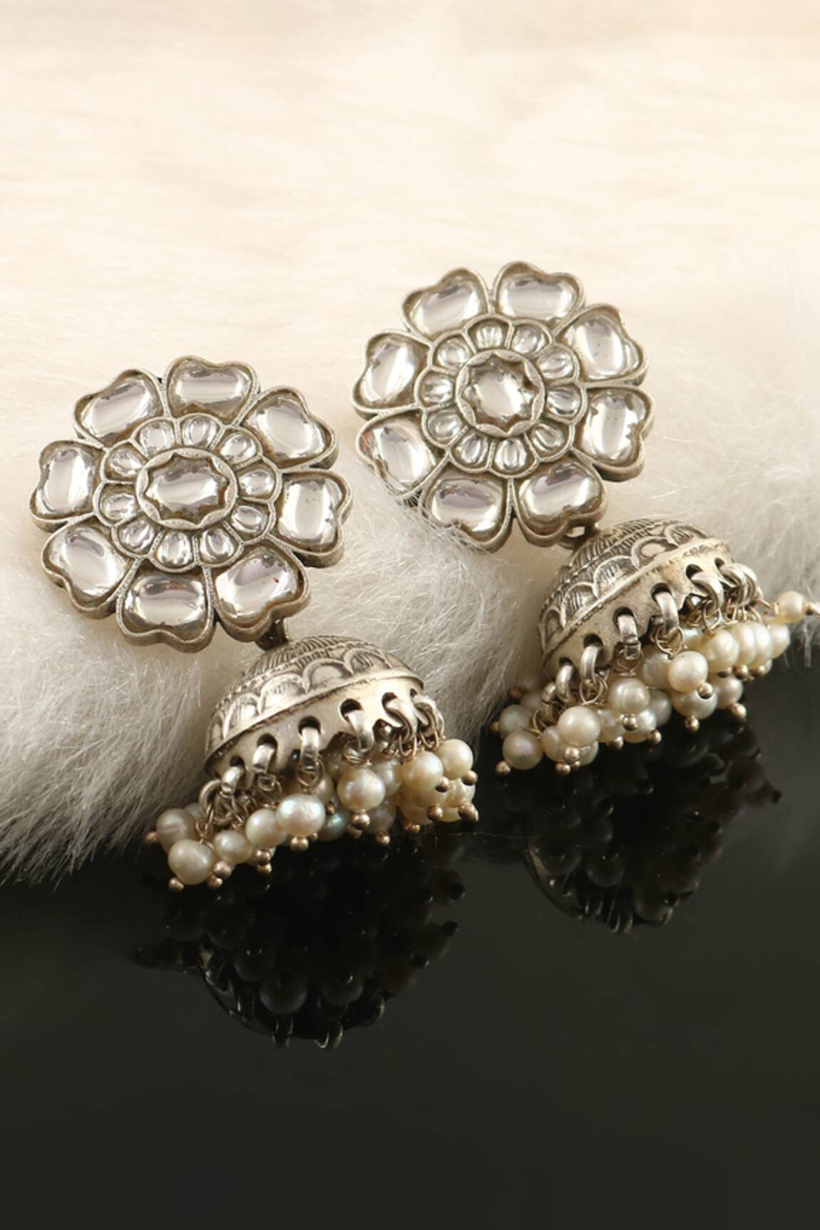 Palace of Silver Floral Shaped Jhumkas