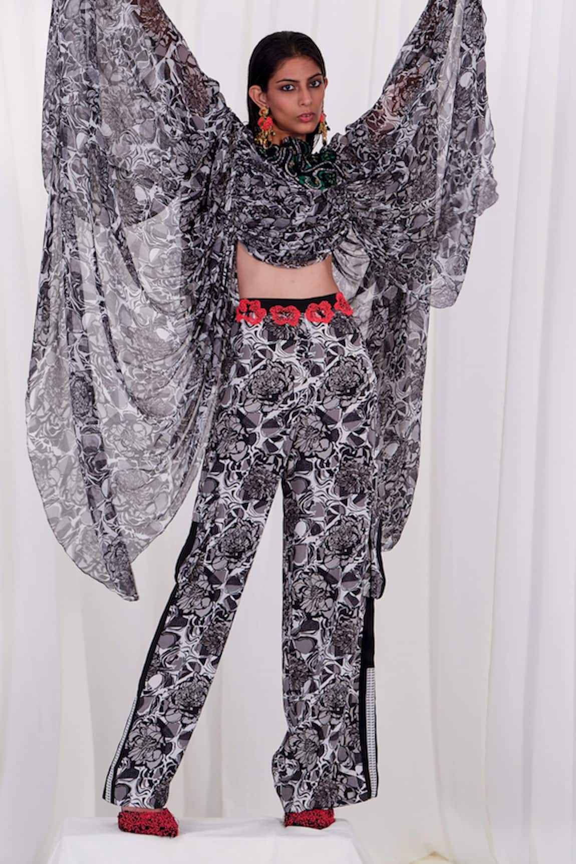 AK-OK Abstract Print Silk Top & Trouser Set