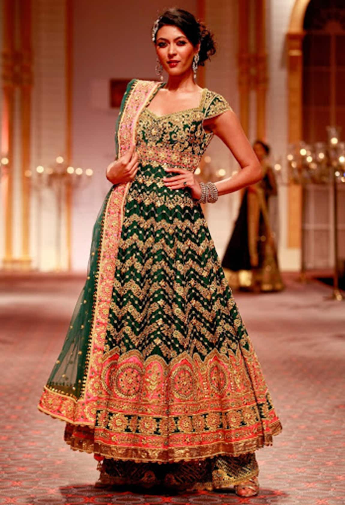 Preeti S Kapoor Emerald green and pink embroidered anarkali with palazzos & dupatta