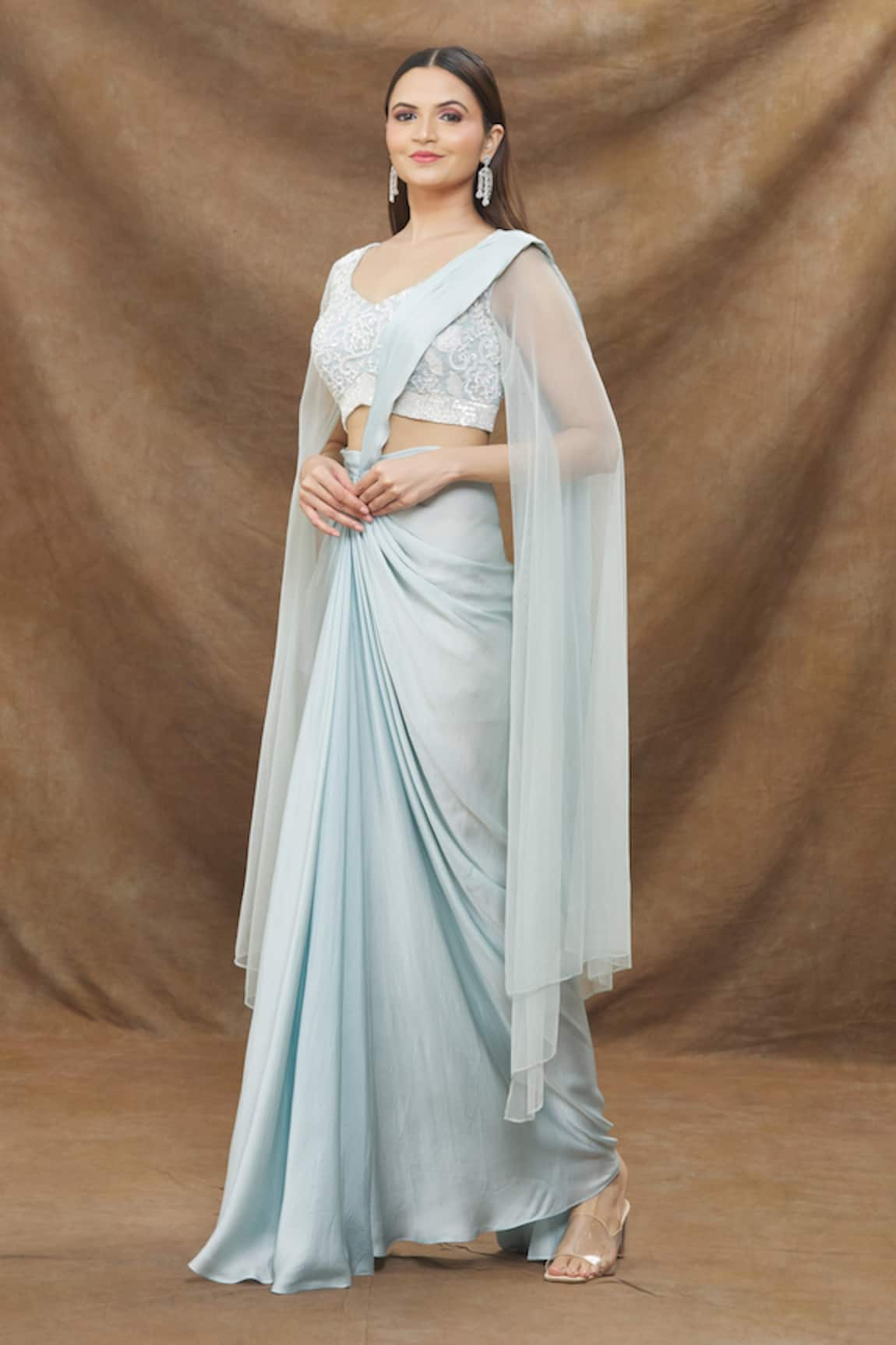 Kanj by Priyanka A Sakhuja Pre-Draped Saree With Embroidered Cape Sleeved Blouse