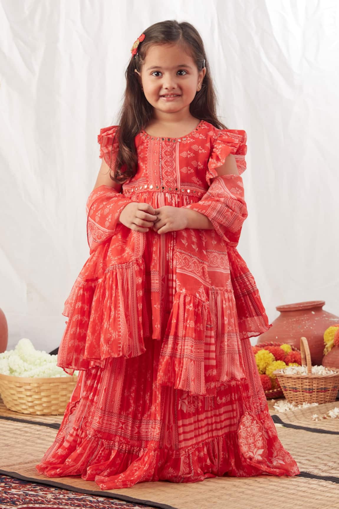 Vivedkids Block Print Peplum Top Lehenga Set