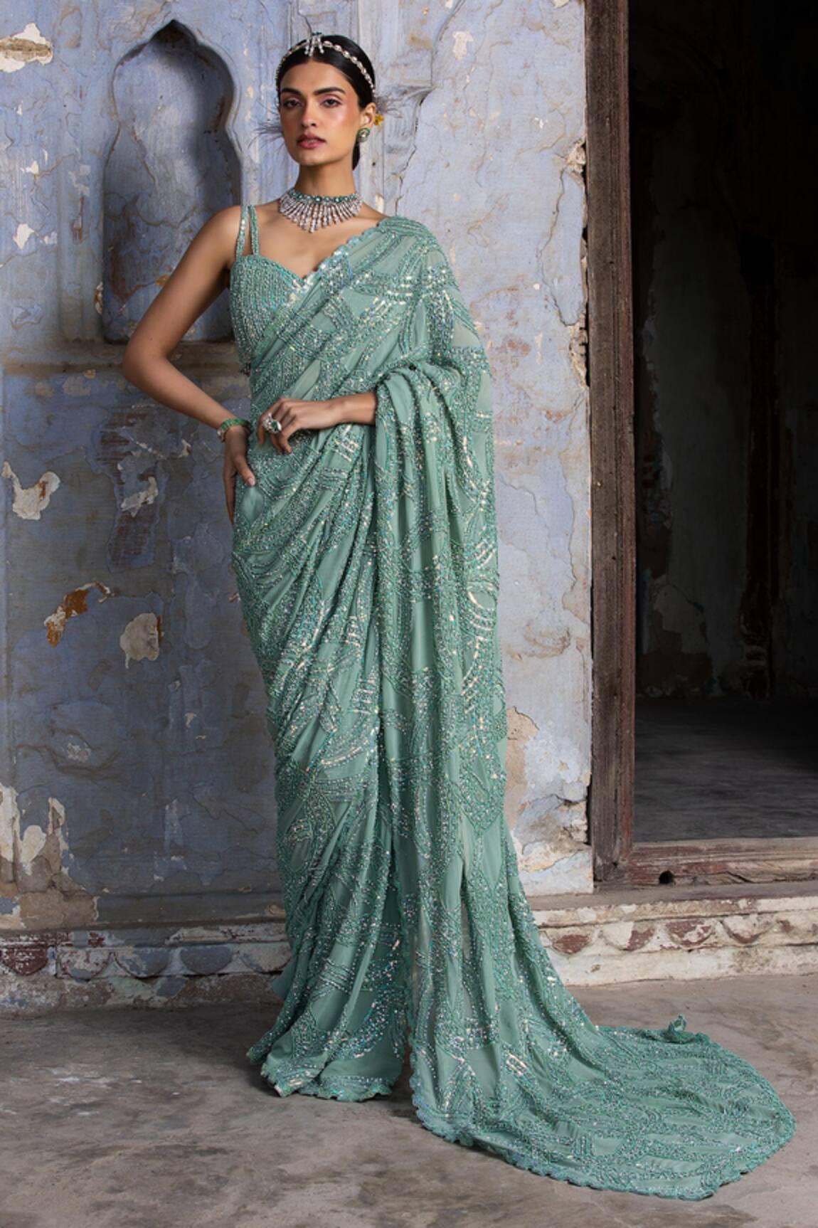 Nitika Gujral Bead & Crystal Work Saree With Blouse
