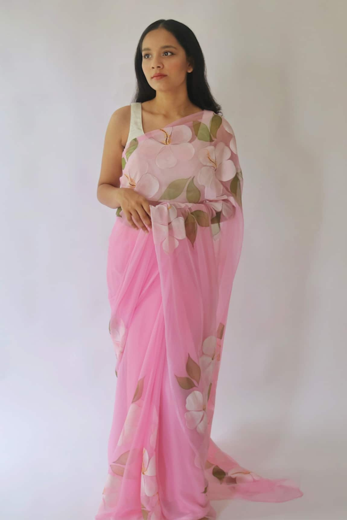 Meghstudio Hibiscus Hand Painted Saree With Unstitched Blouse Piece