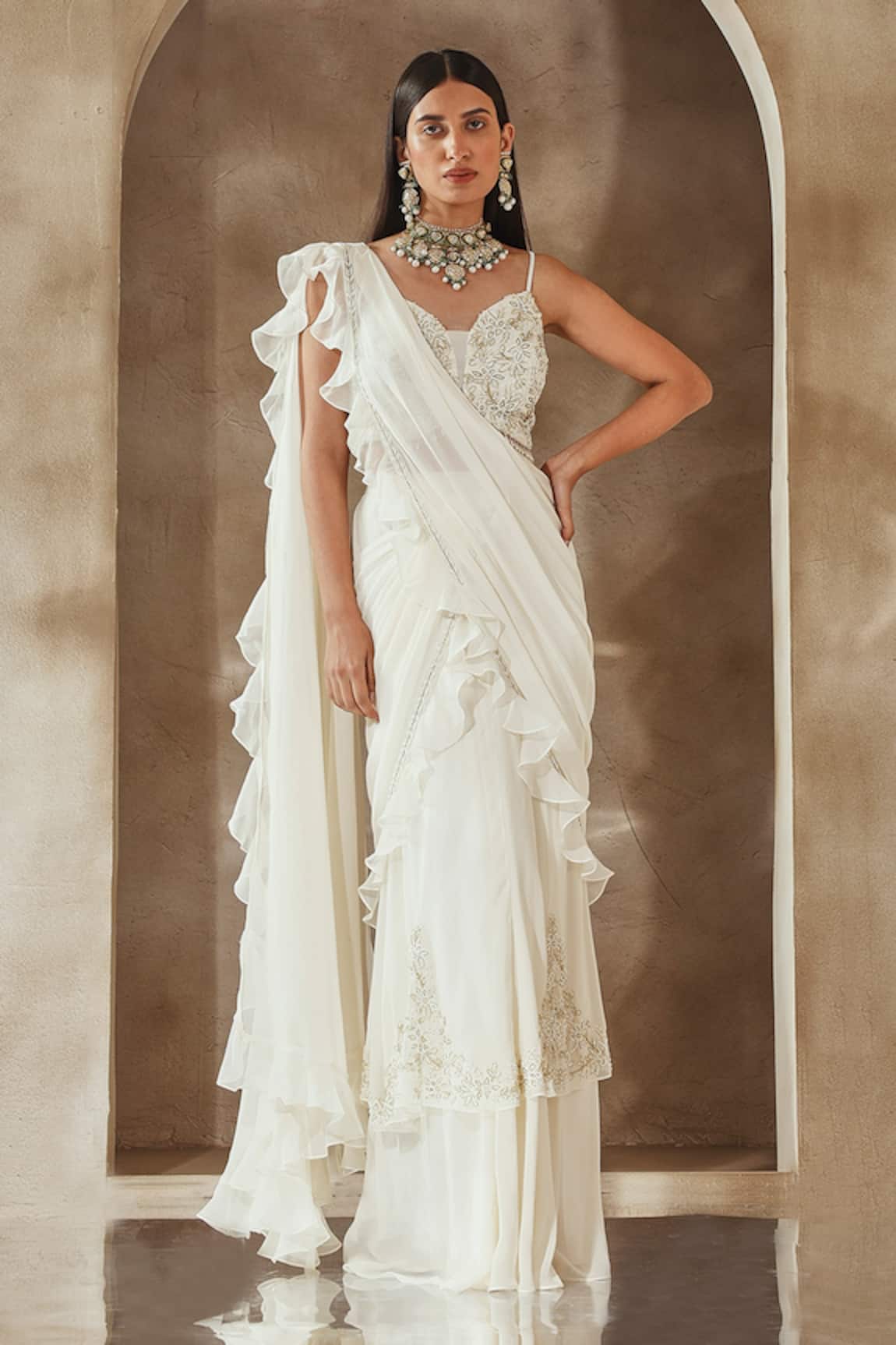 Seema Thukral Pre-Draped Ruffle Saree With Embroidered Blouse