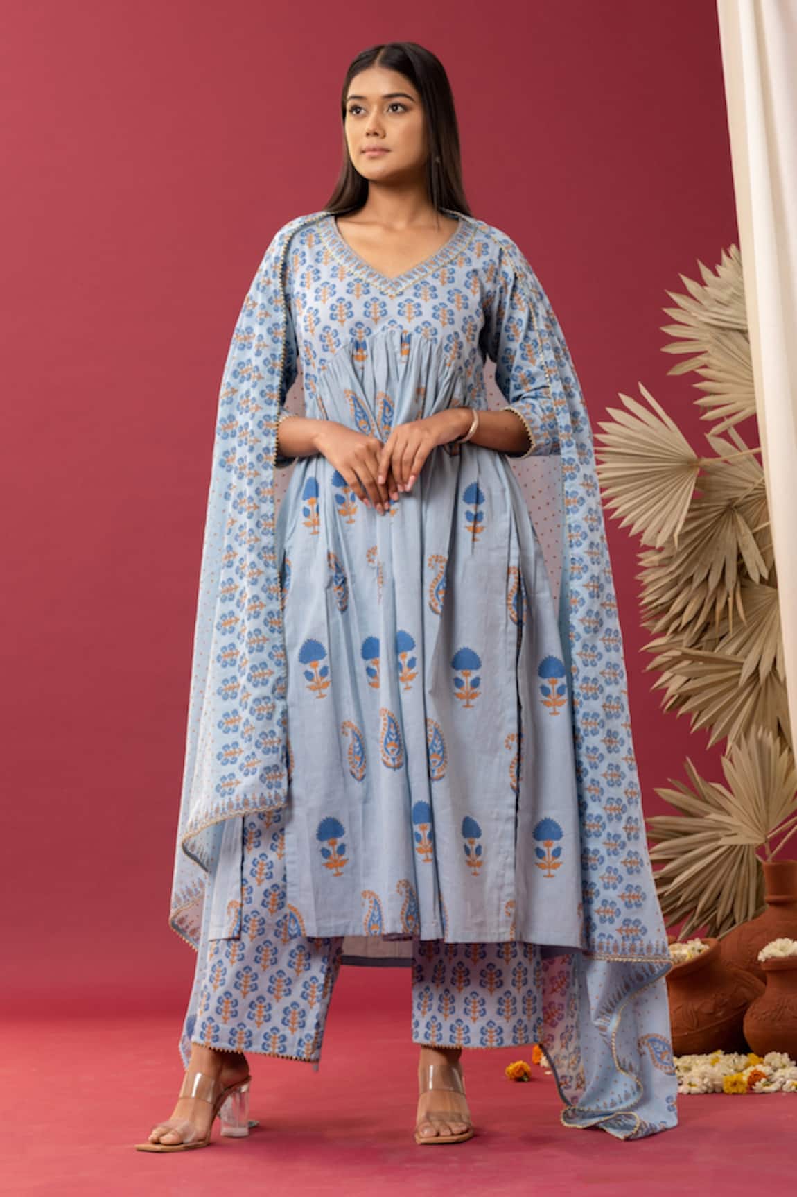 Abbaran Paisley & Floral Block Print Anarkali Palazzo Set