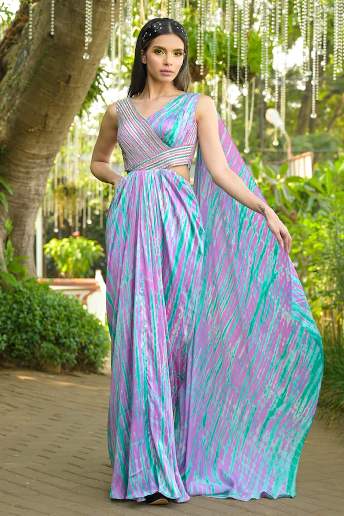 Disha Kahai Tie-Dye Pattern & Embroidered Saree Gown