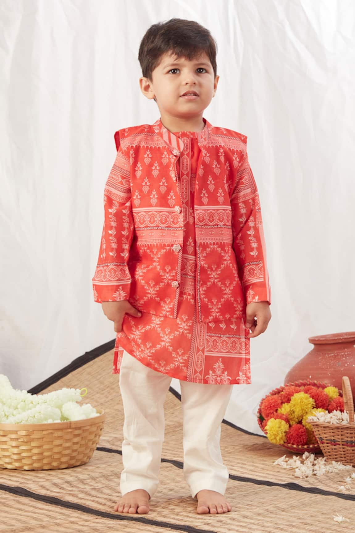 Vivedkids Block Print Bundi Kurta Set