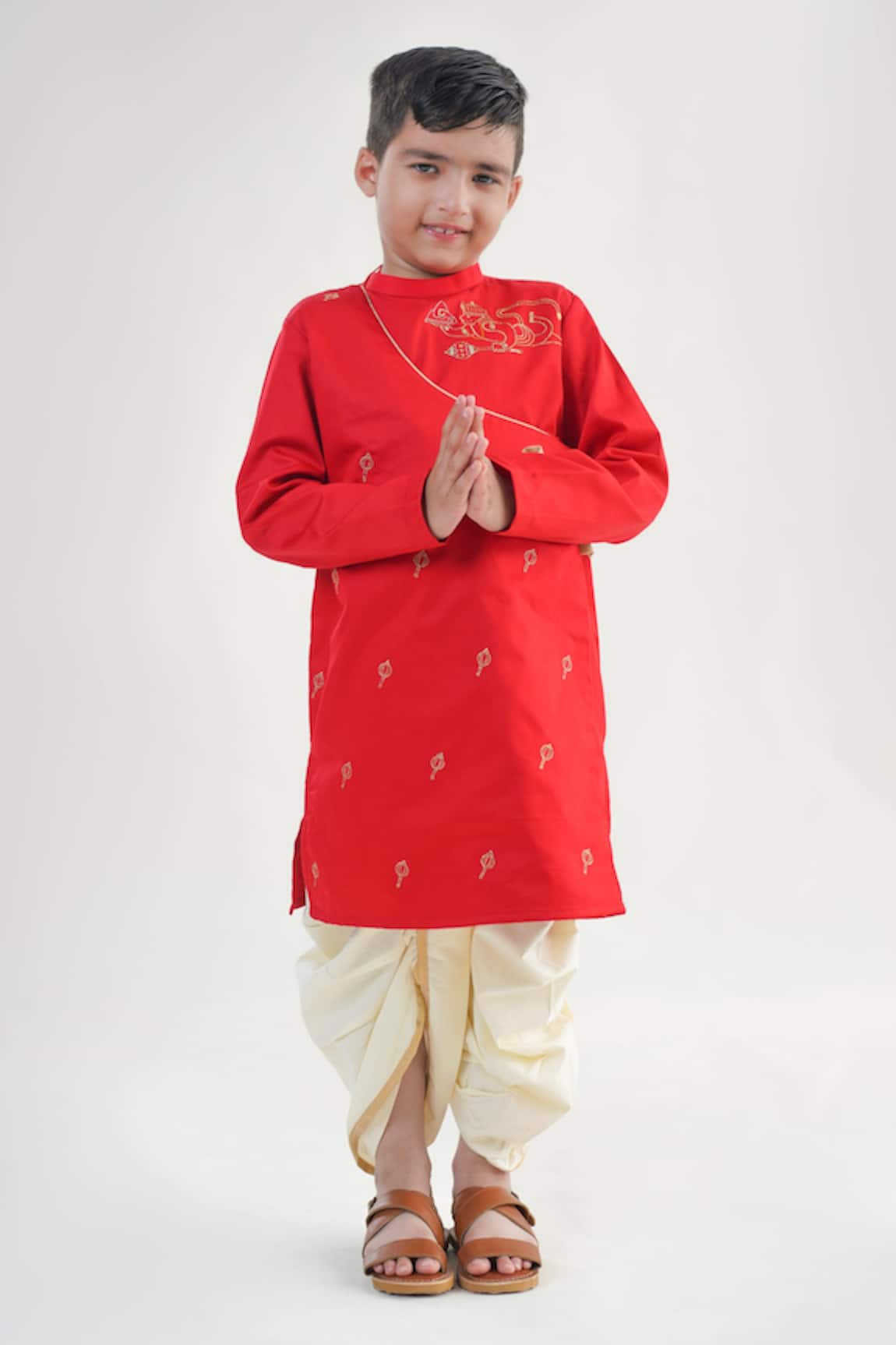 Tiber Taber Hanuman Embroidered Long Kurta & Dhoti Set