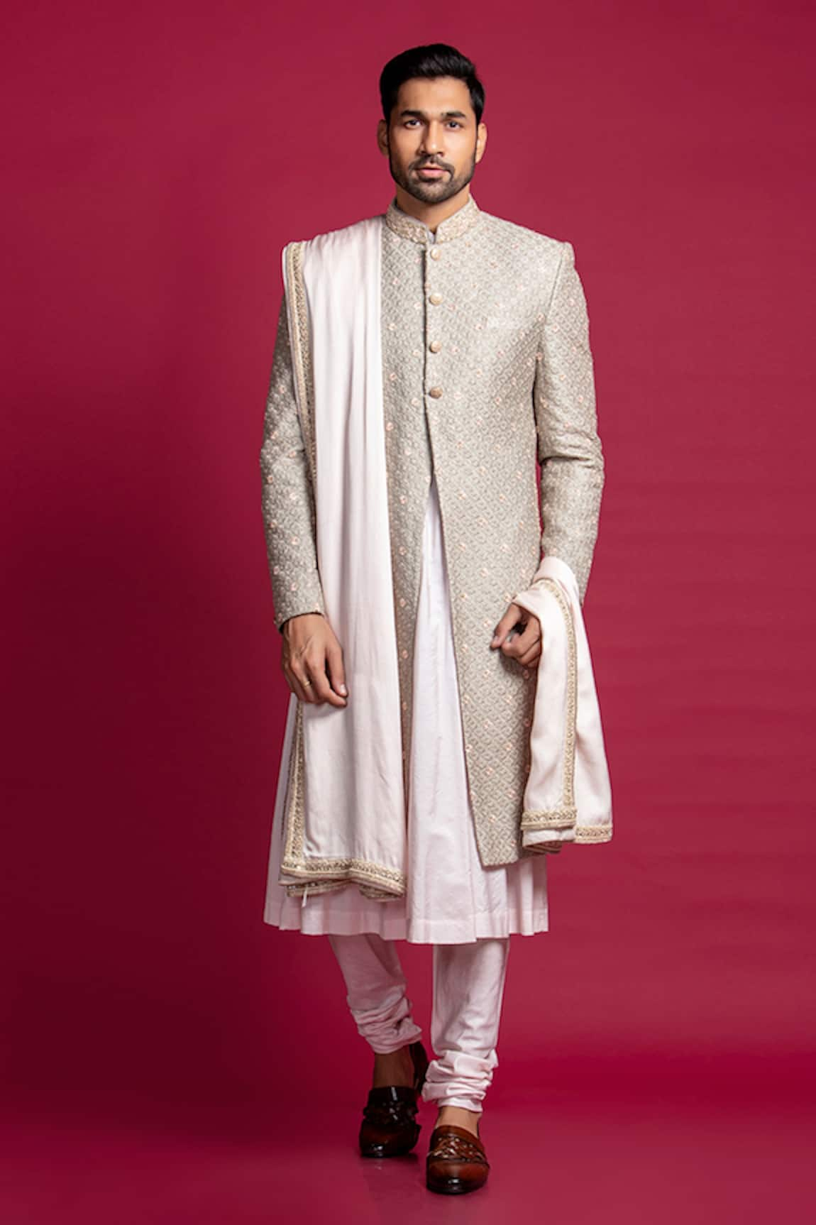 Jayesh Shah Lucknowi Floral Butti Embroidered Sherwani Set