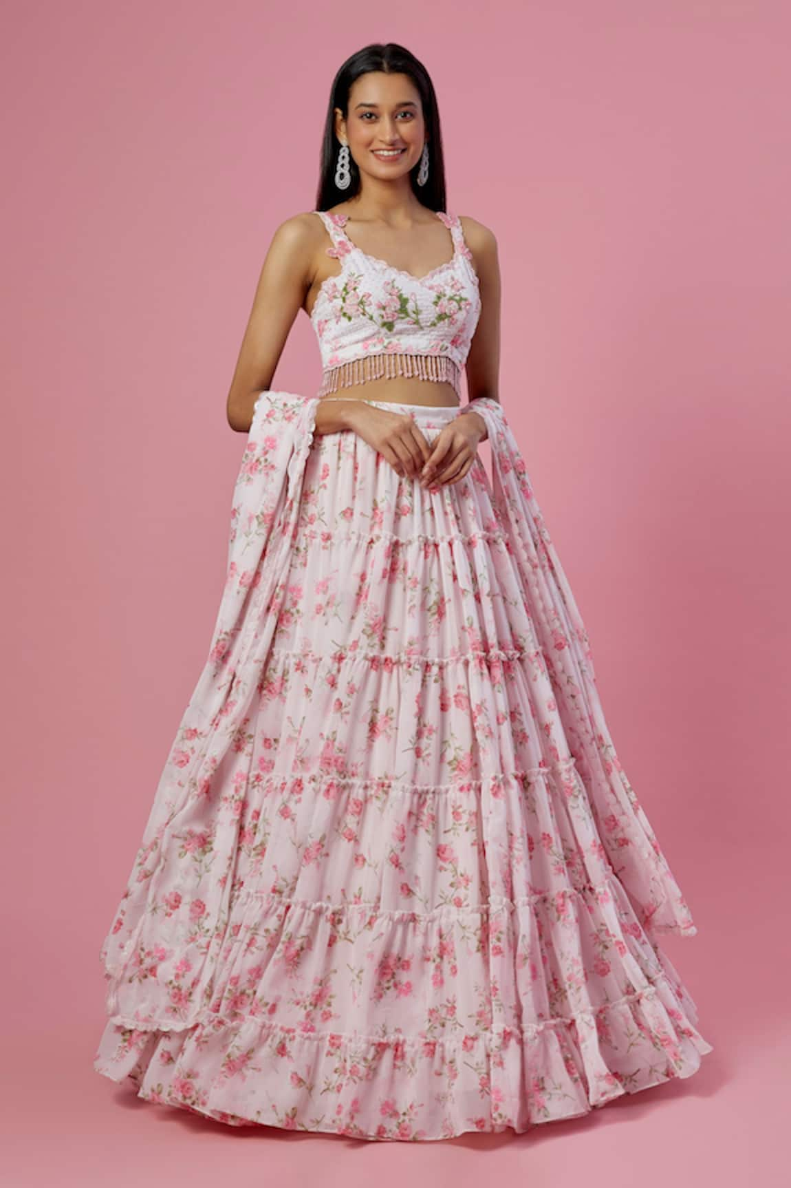 Label Priyanka Kar Floral Print Tiered Lehenga Set