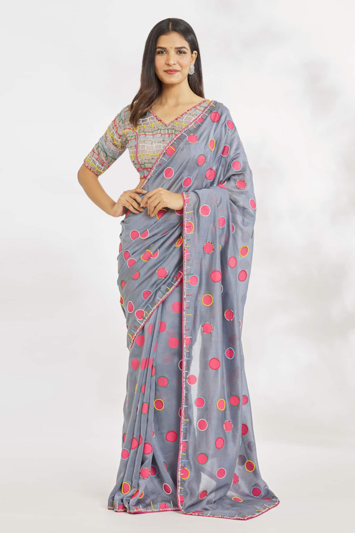 Paksh Polka Dotted Print Saree With Blouse