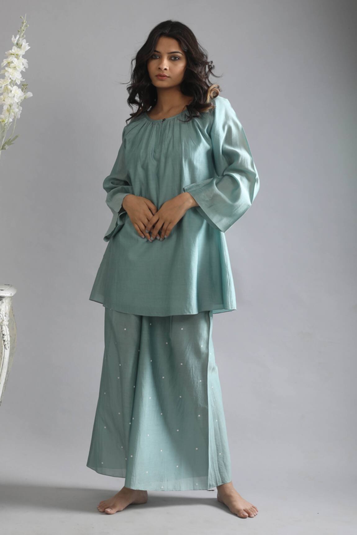 Khat Chanderi Silk Top & Polka Pattern Pant Set