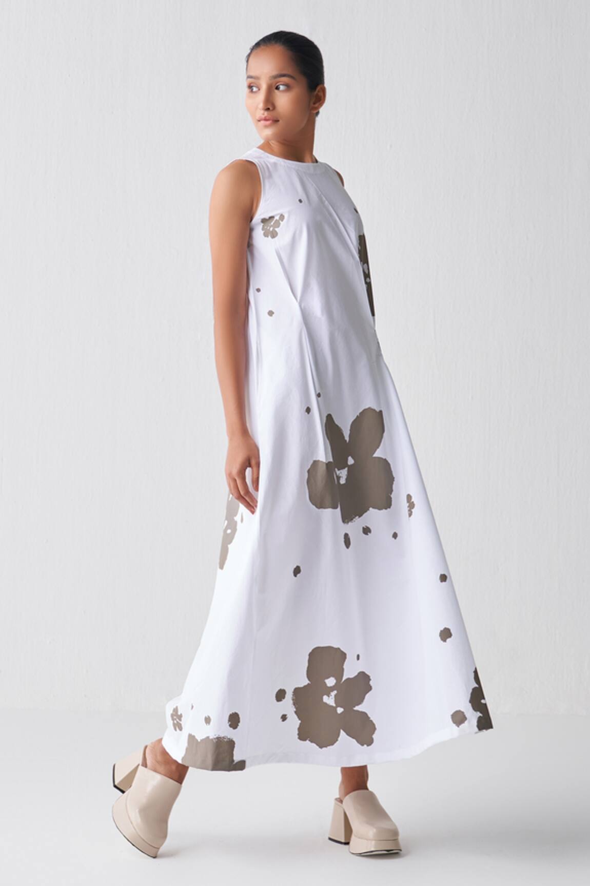 Three Floral Pattern Tucked Dress