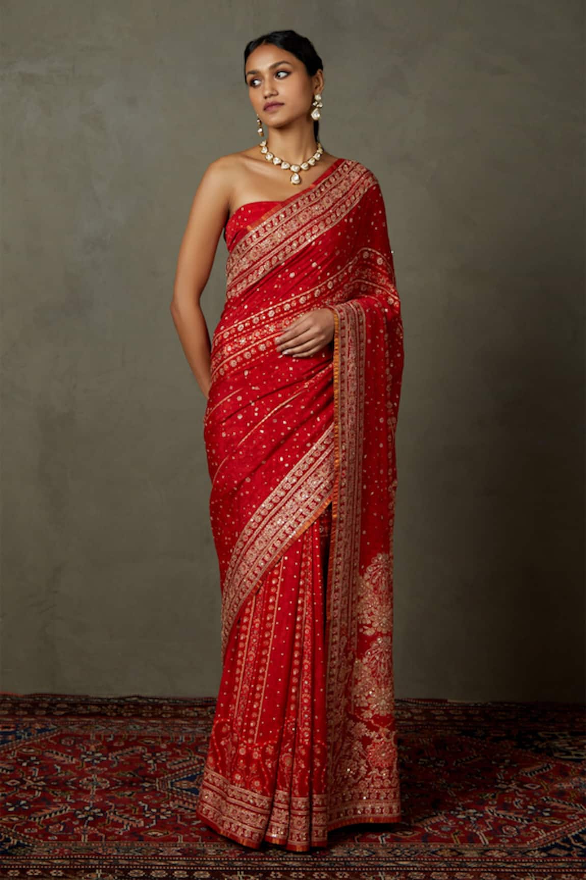 RI.Ritu Kumar Villa Silk Aari Embroidered Saree With Unstitched Blouse Fabric