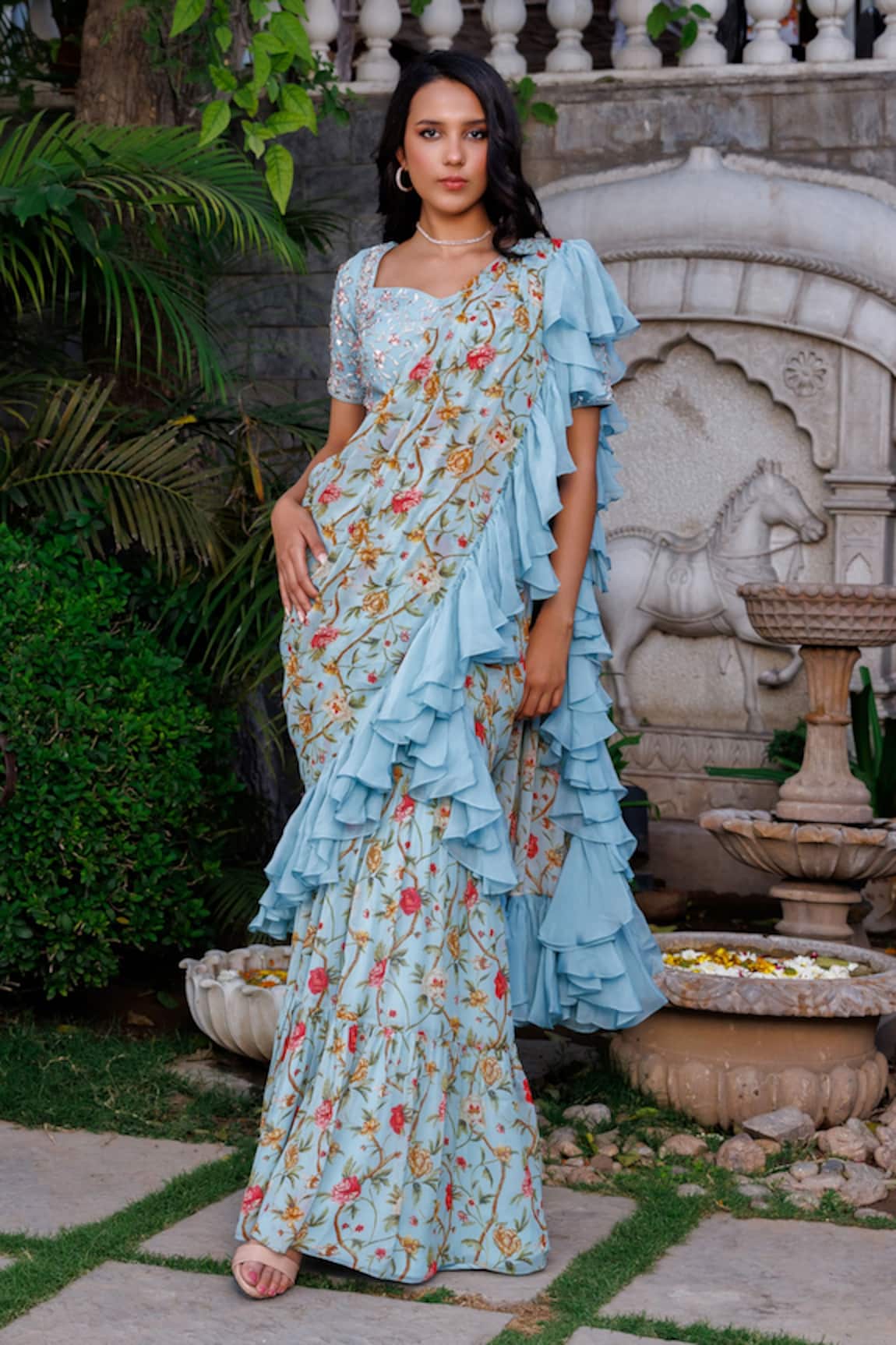 Suruchi Parakh Pre-Draped Flower Vine Print Saree With Blouse