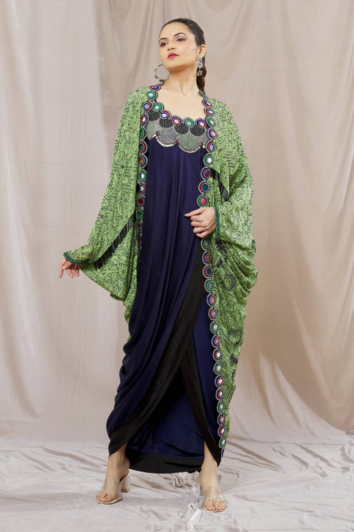 Nupur Kanoi Mirror Embellished Draped Dress With Floral Print Jacket 