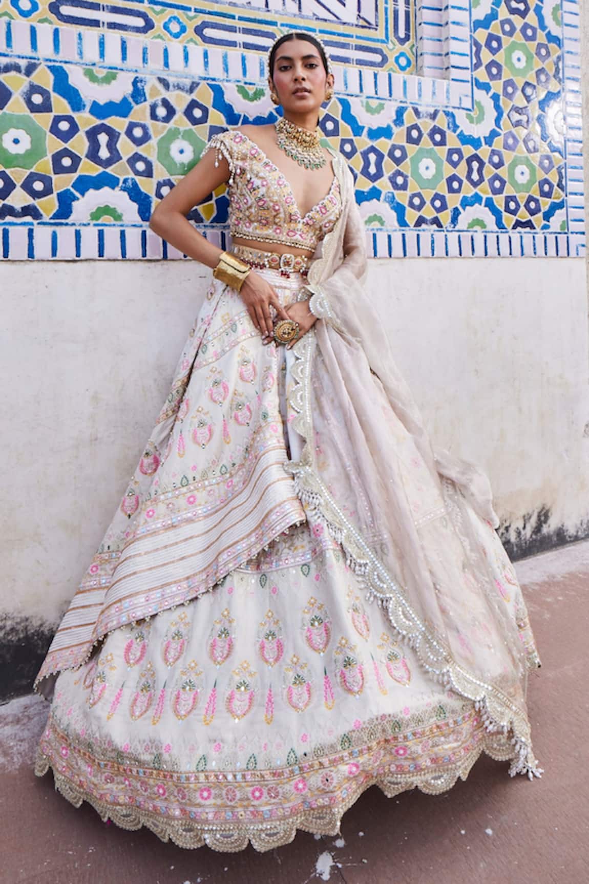 Aditi Gupta Woven Banarasi Chanderi Layered Bridal Lehenga Set